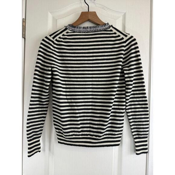 J Crew Button Up Cardigan Sweater Gray White Stripe Wool Fray Trim Women's S - Picture 2 of 11